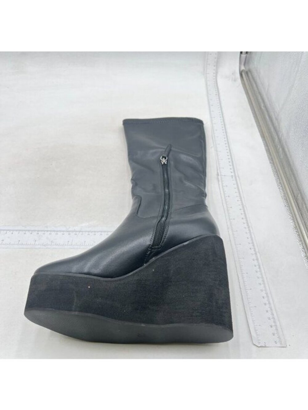 Women's Wedge Heel Goth Mid Calf Boots Black Silp On Punk Motorcycle Boots Black